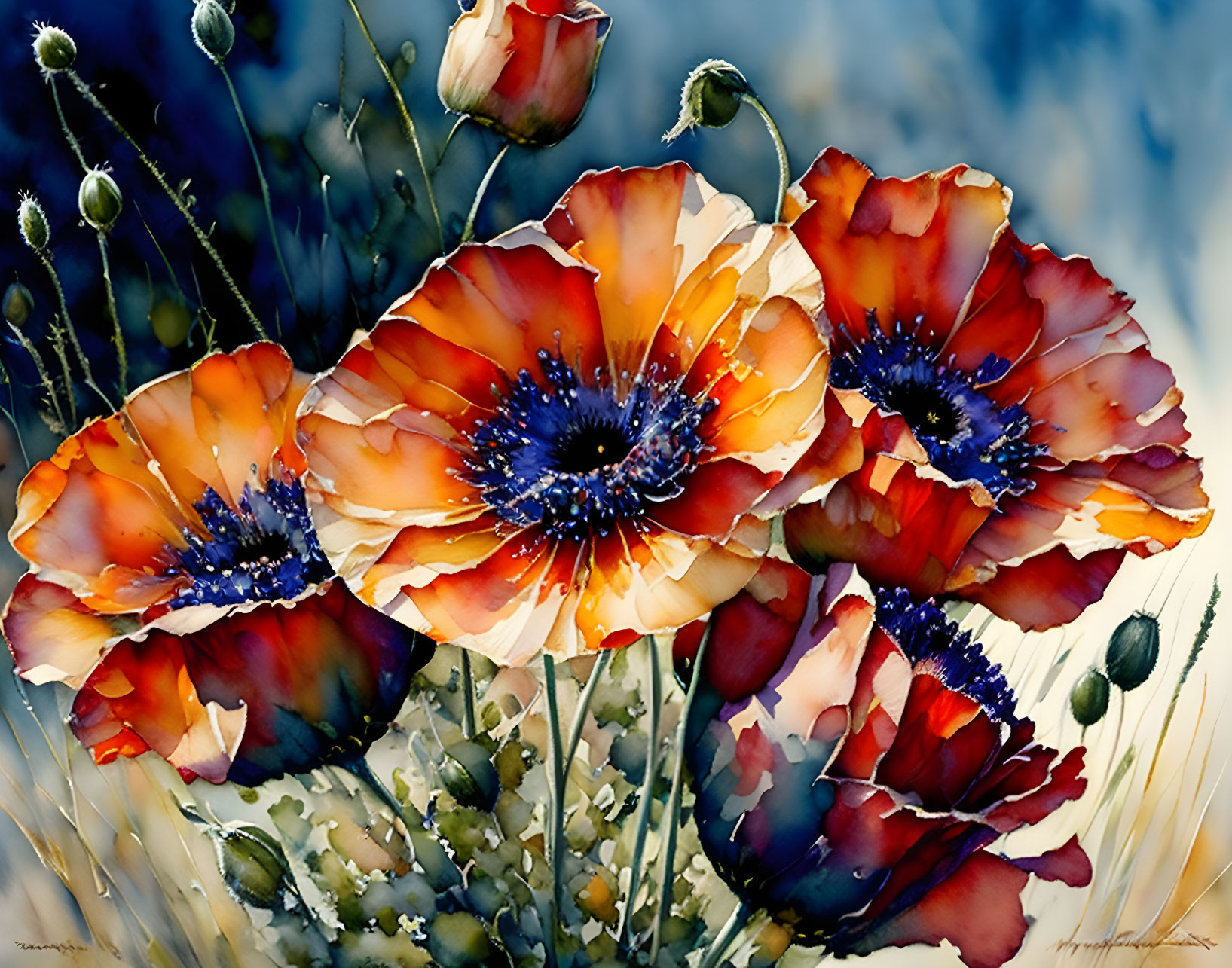 Colorful Watercolor Painting of Orange Poppies on Blurry Blue Background