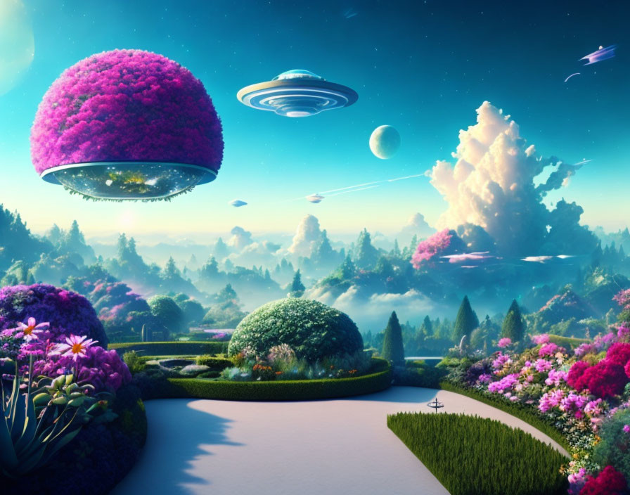 Fantastical digital artwork: oversized flora, floating islands, UFOs, celestial sky