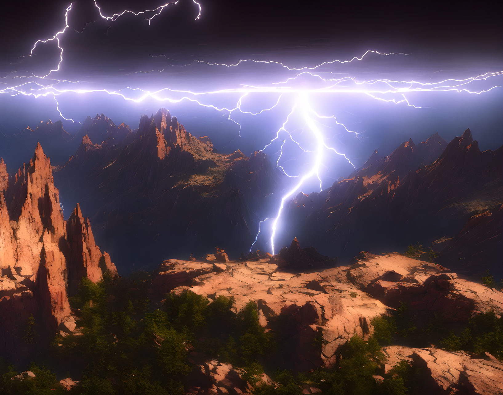 Dramatic lightning bolt in night sky over rugged mountains