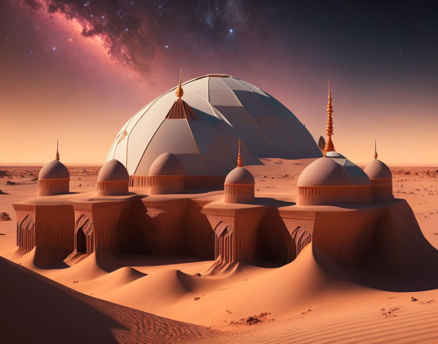 Futuristic domed structure in desert twilight skyline