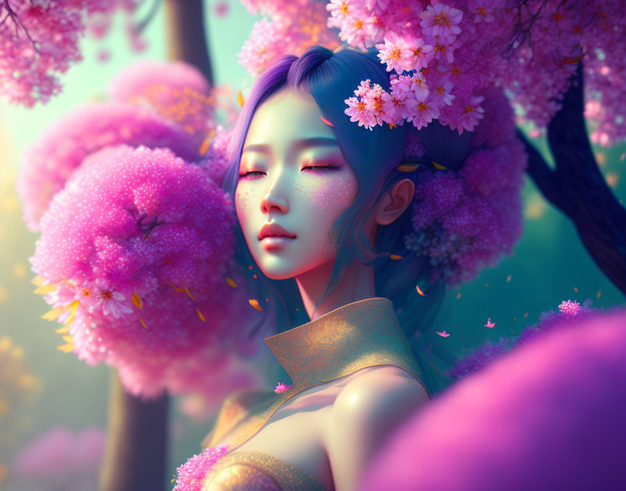 Illustration: Woman with Blue Hair Surrounded by Pink Blossoms