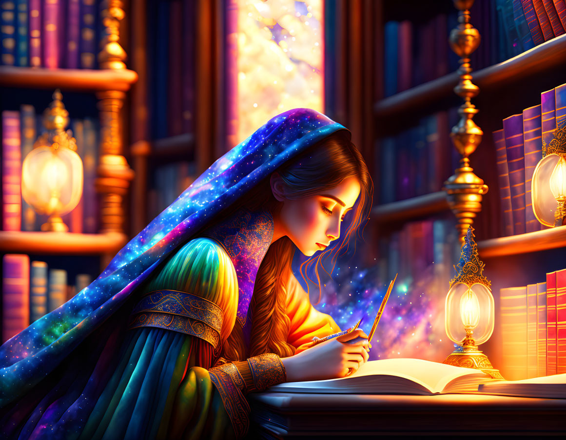 Woman writing surrounded by books and lanterns in mystical galaxy setting