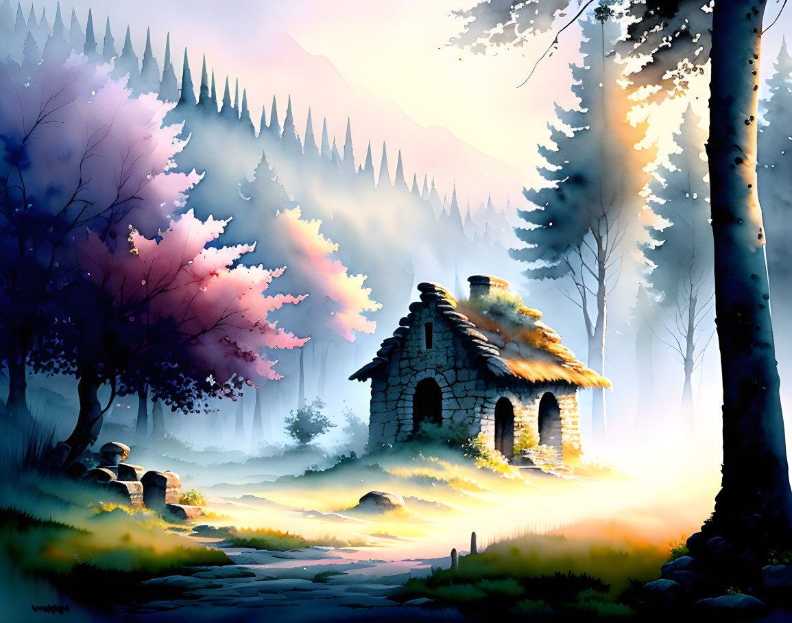 Enchanted forest painting: Stone cottage in misty woods