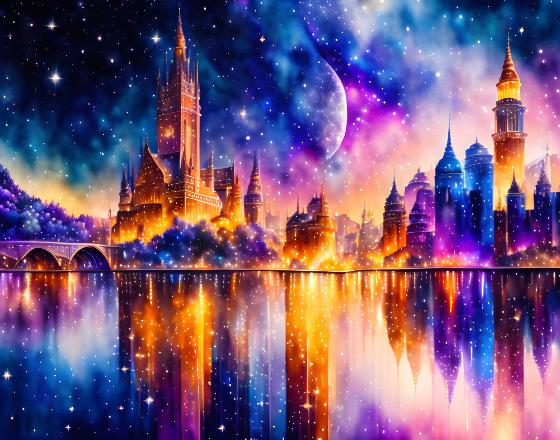 Fantasy cityscape with reflective water and cosmic sky