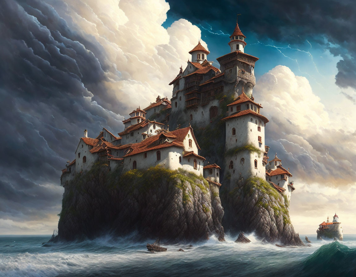 Fantasy castle on rugged cliff in stormy seas with approaching boat