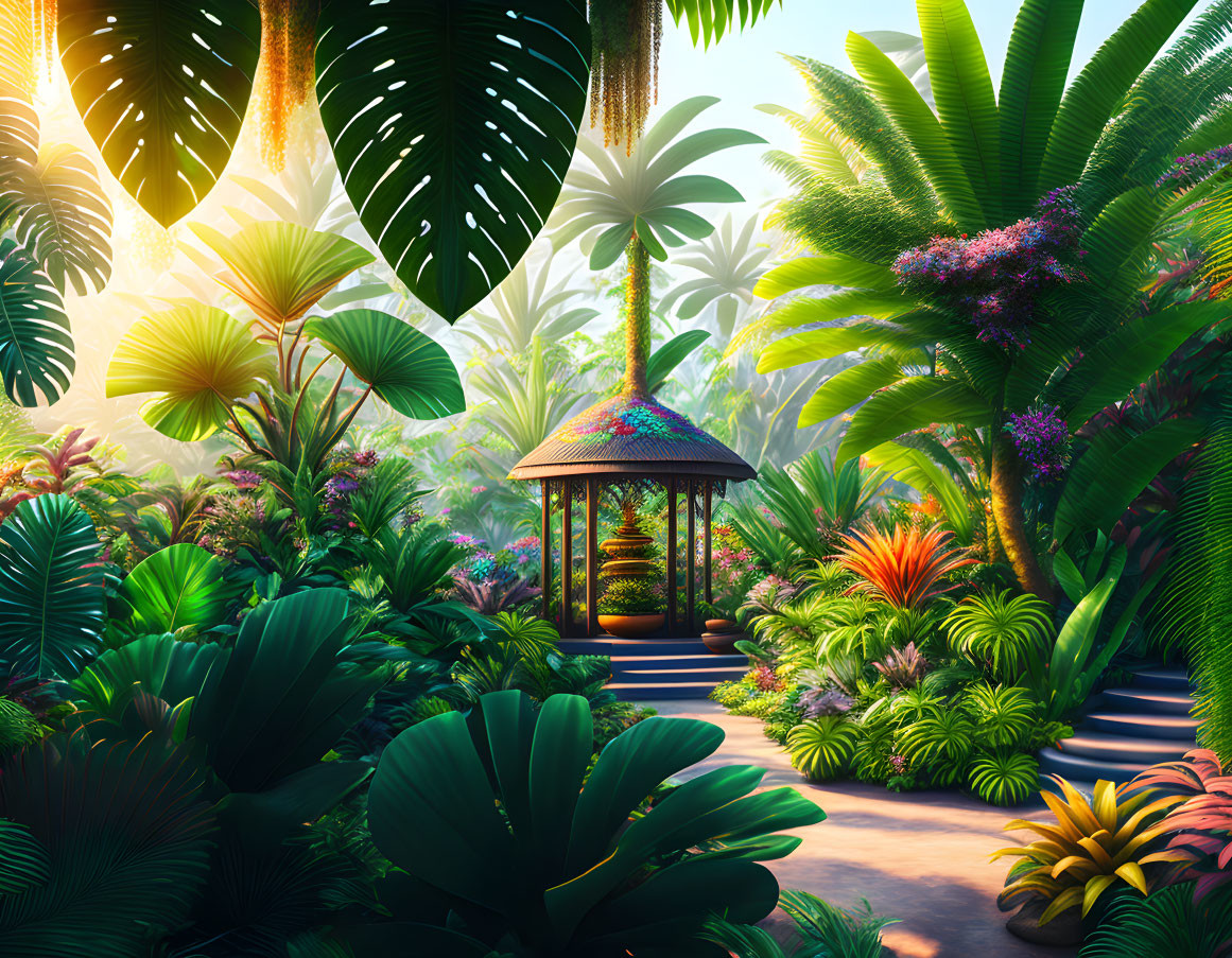 Vibrant Tropical Garden with Gazebo and Winding Path