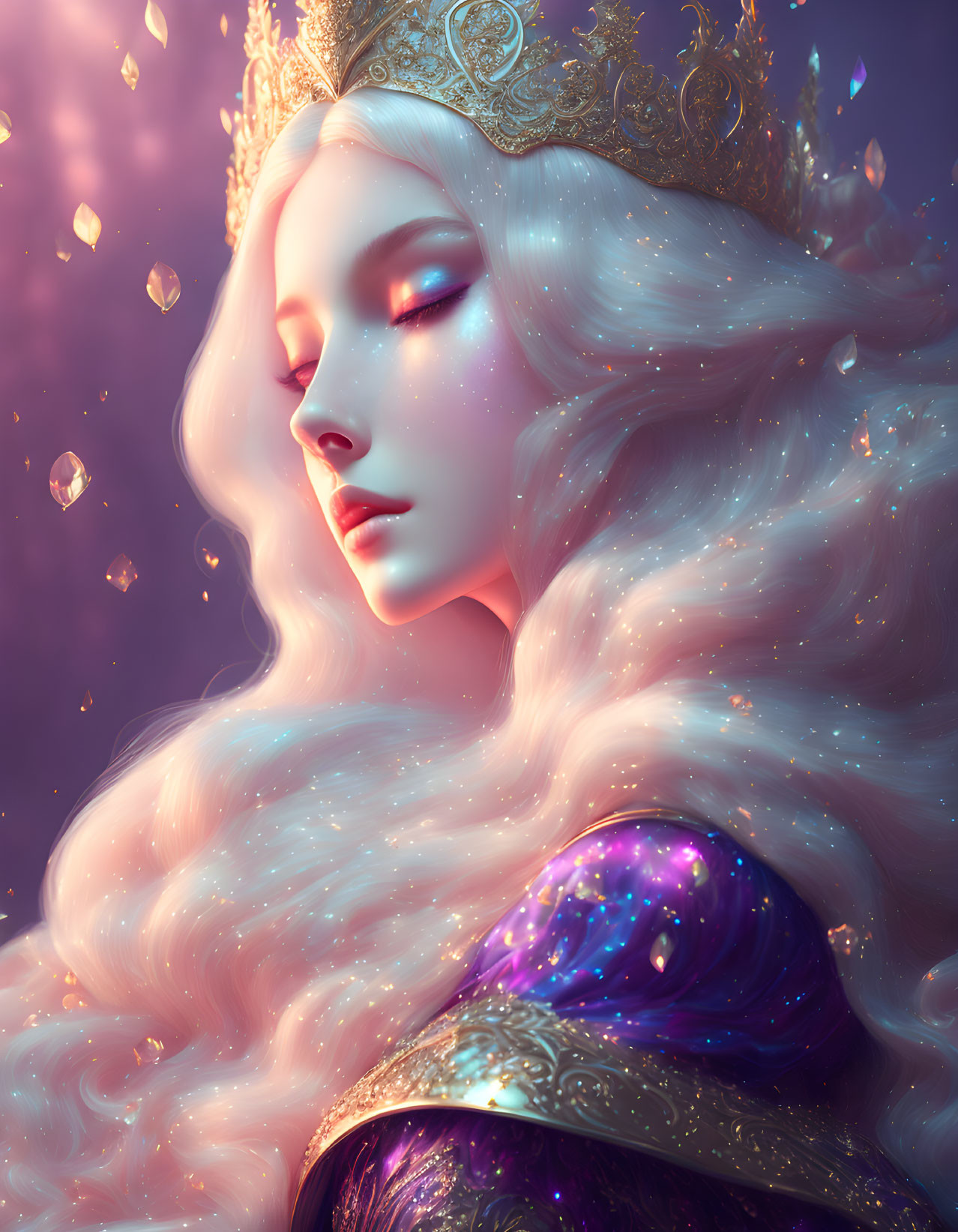 Ethereal fantasy queen with white hair, golden crown, purple robes