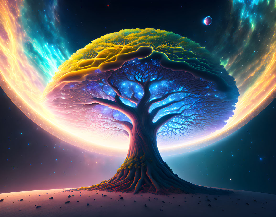 Vibrant tree with blue glow in surreal cosmic scene