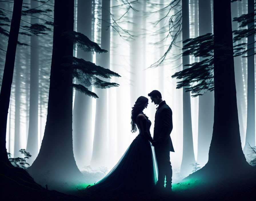 Silhouetted couple in mystical forest with towering trees and ethereal fog