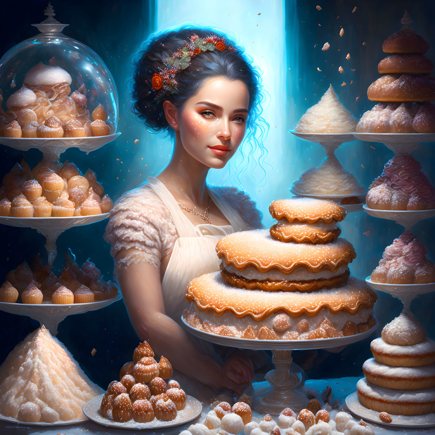 Woman surrounded by illustrated pastries and cakes under glass domes in whimsical setting