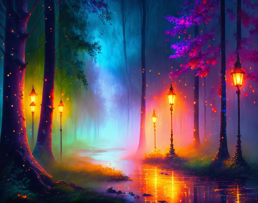 Enchanting forest scene with glowing lanterns and luminous trees