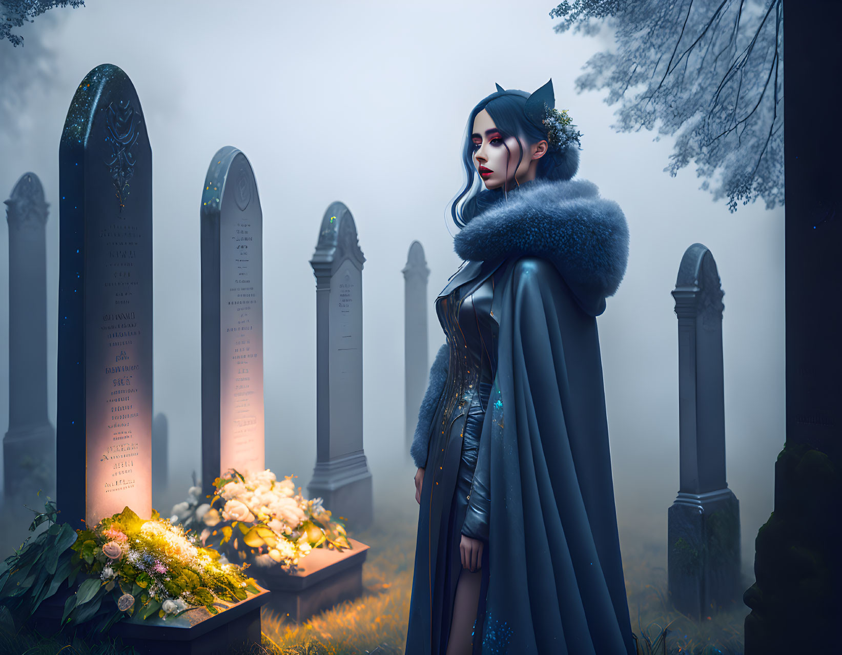 Mystical woman in dark cloak in moonlit graveyard