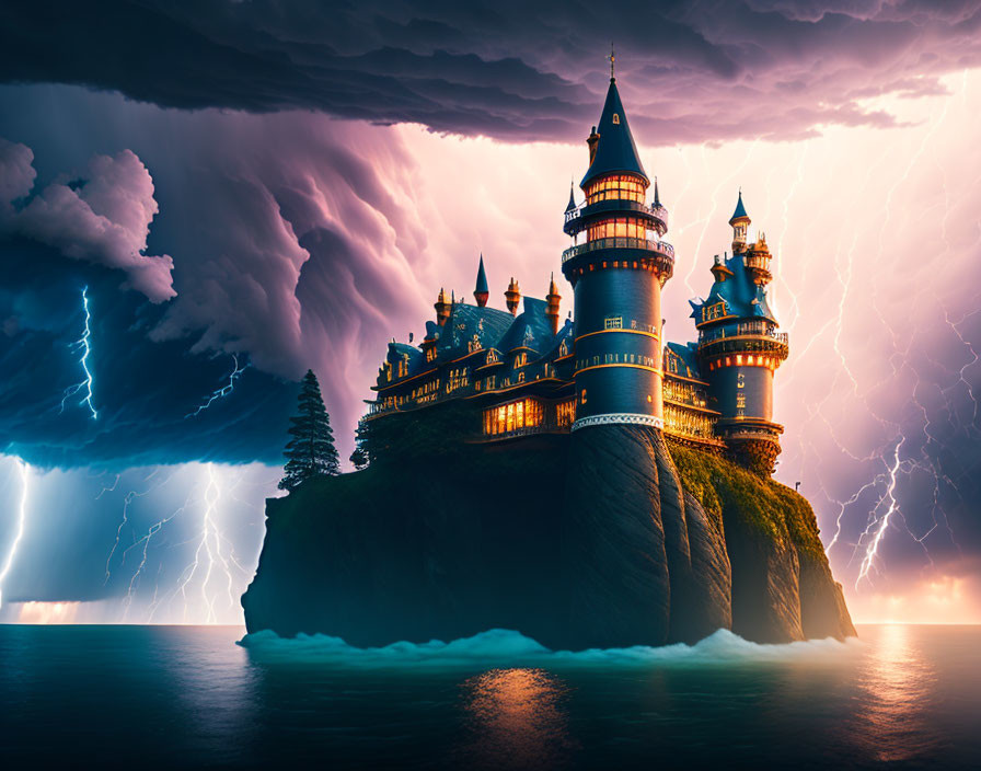 Castle on Cliff with Stormy Skies and Lightning