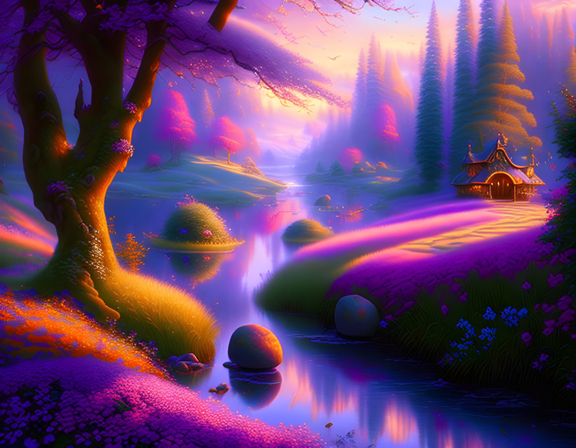 Mystical fantasy landscape with glowing river, waterfall, purple skies, house, and lush flora