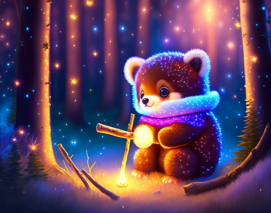 Glowing bear with magical stick in starry forest