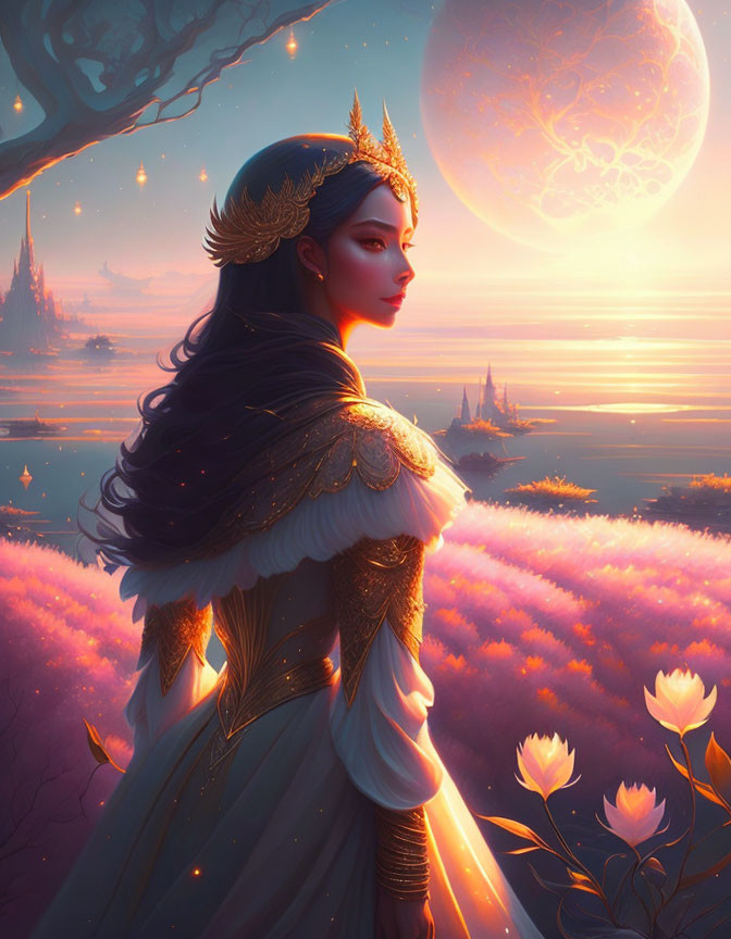 Fantasy landscape with regal woman, castle, blooming fields, and large moon at dusk