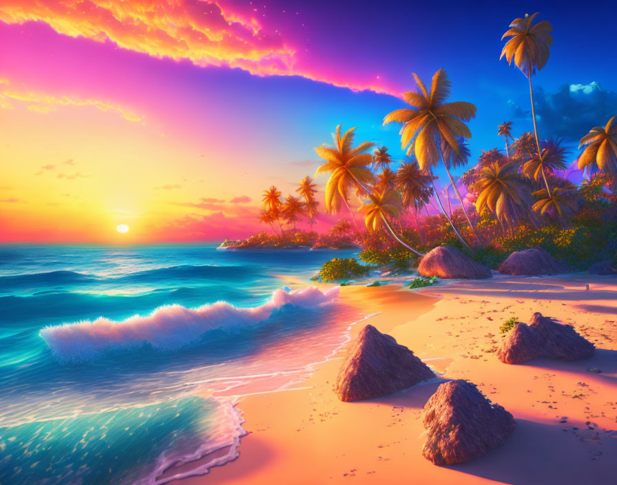 Tropical beach sunset with palm trees and purple-pink skies