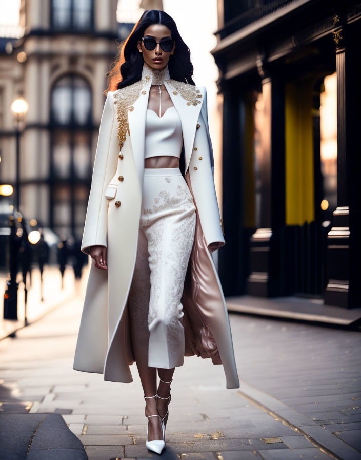 Stylish woman in white coat with gold details and high-slit skirt on city street