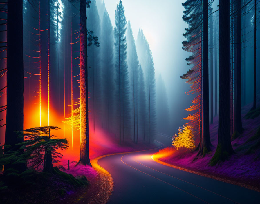 Mystical forest with winding road and towering trees in foggy ambiance