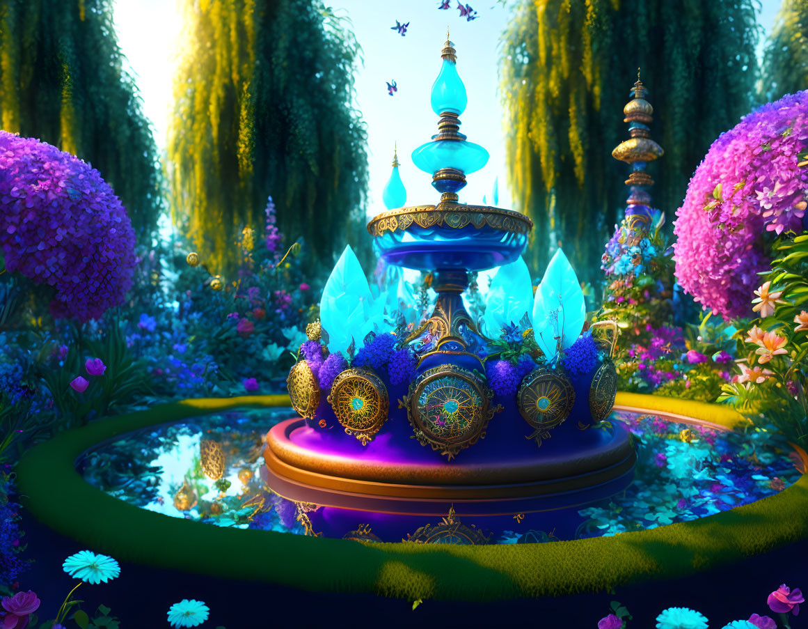 Enchanting jewel-toned garden with gemstone fountain