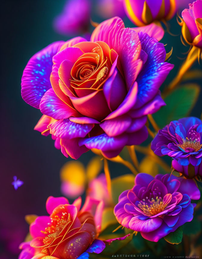 Digitally-enhanced pink and purple roses in vibrant display.