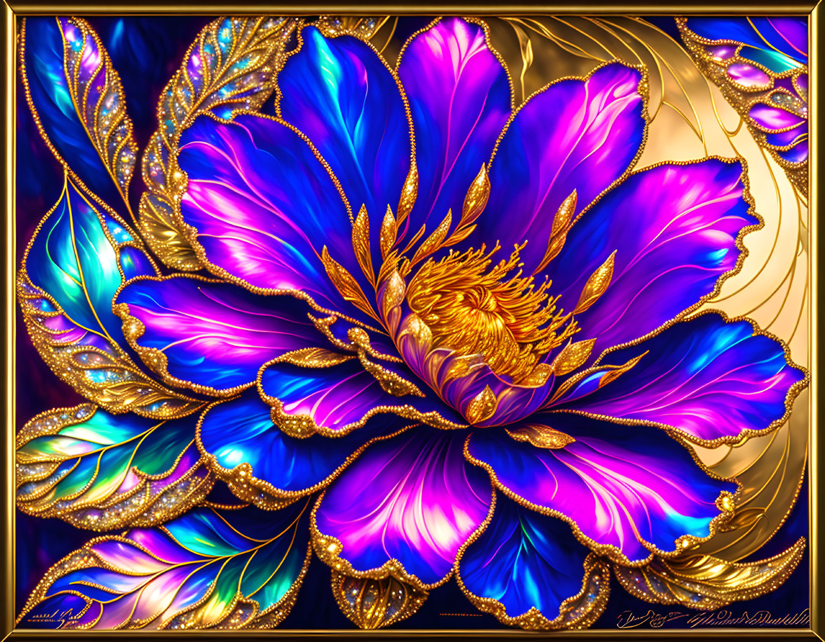 Stylized flower digital art: Vibrant blue and purple petals on ornate dark backdrop