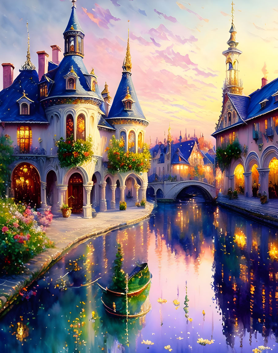 Fairytale castle illustration at twilight by calm river