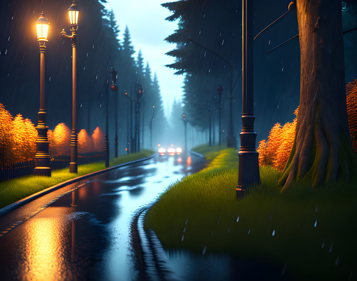 Night scene with rain-slicked road, glowing street lamps, trees, and car headlights