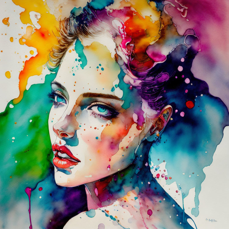 Vibrant watercolor painting of a woman's face with multicolored splashes