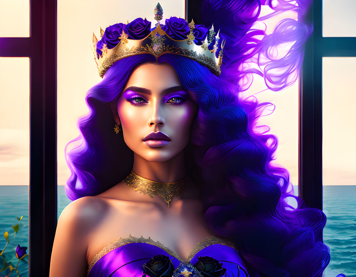 Illustrated woman with purple hair and crown in royal attire by window at sea sunset