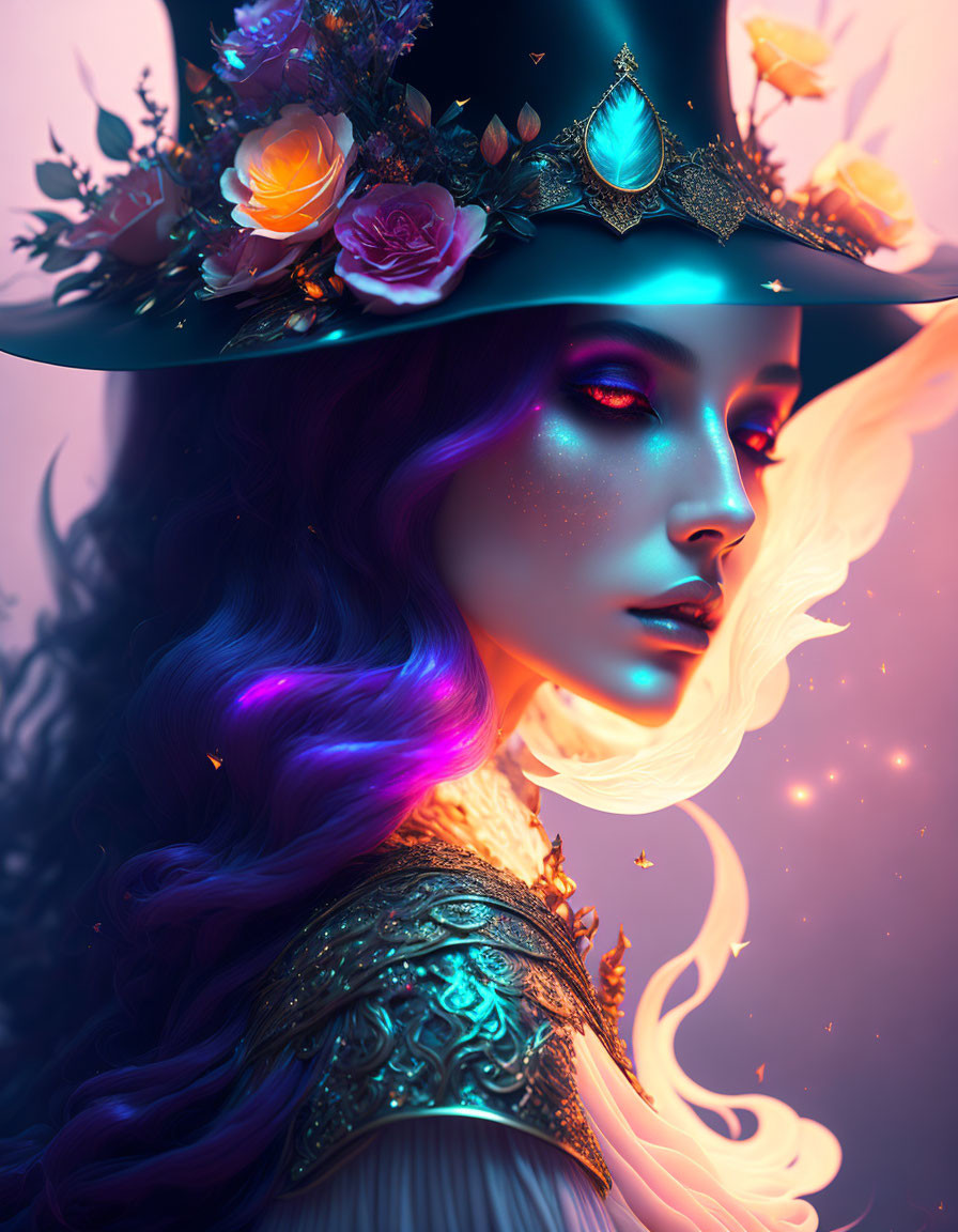 Vibrant blue-skinned woman with purple hair and floral hat in starlit setting