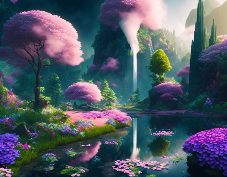 Surreal landscape with pink foliage, purple blooms, waterfalls, mountains, and reflective river