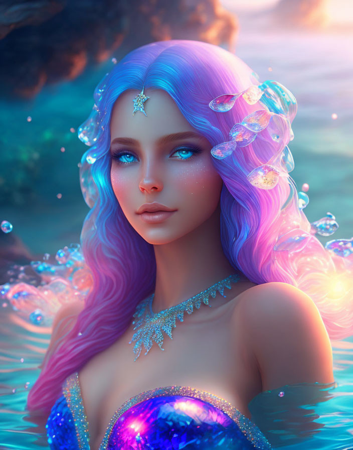 Iridescent hair mermaid with starfish and jewels in ocean scene