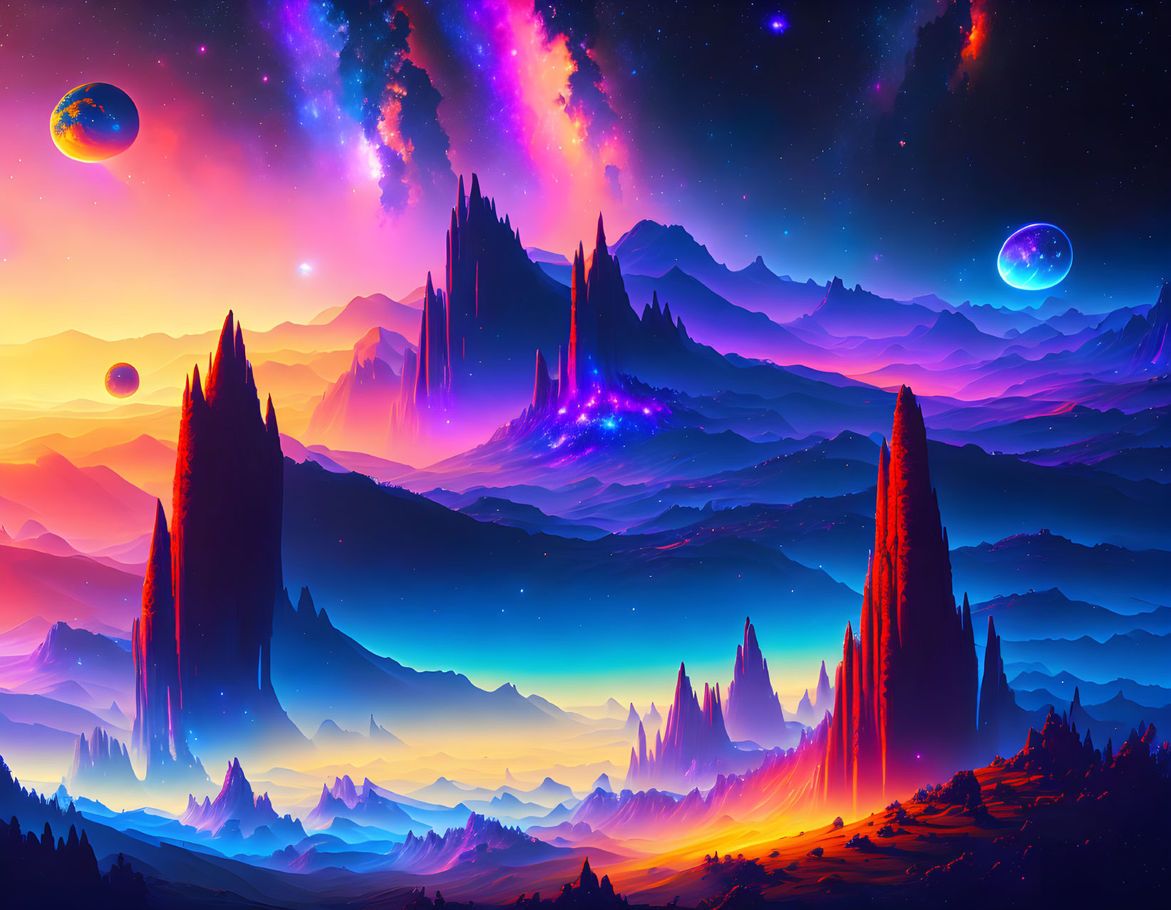 Colorful Sci-Fi Landscape with Rock Formations & Planets