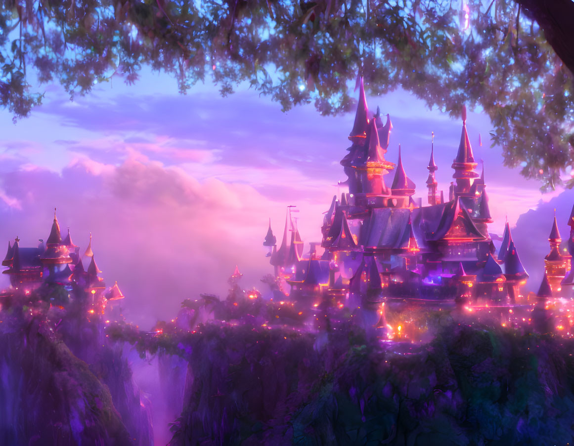 Enchanted castle in mystical forest with purple and pink sky