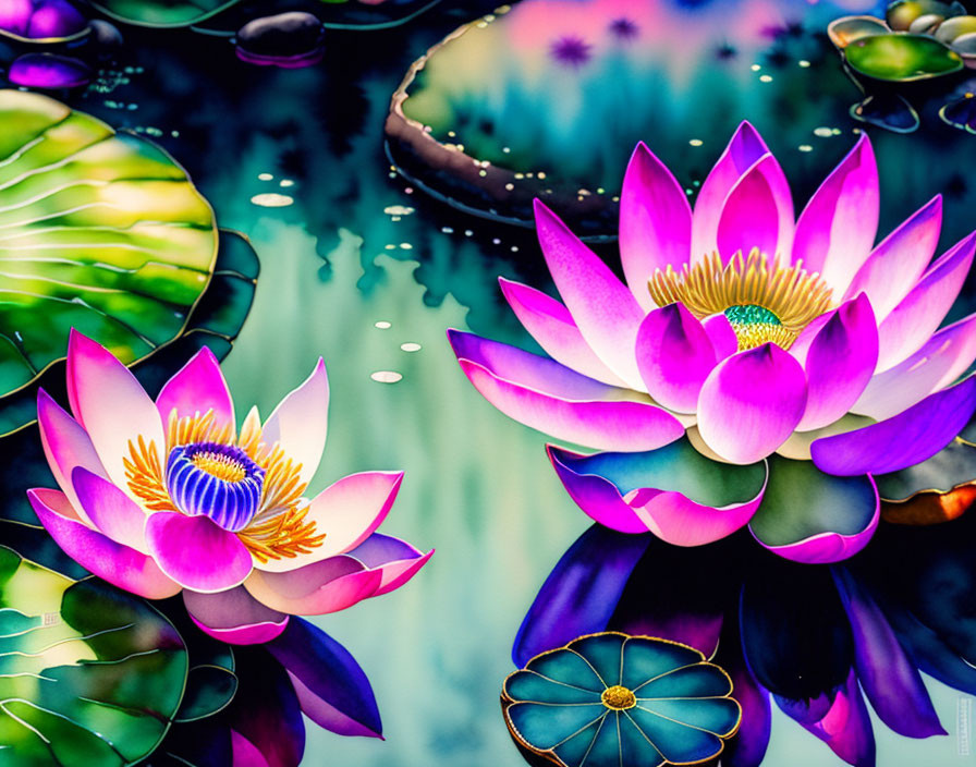 Pink and Purple Water Lilies Blooming on Serene Pond