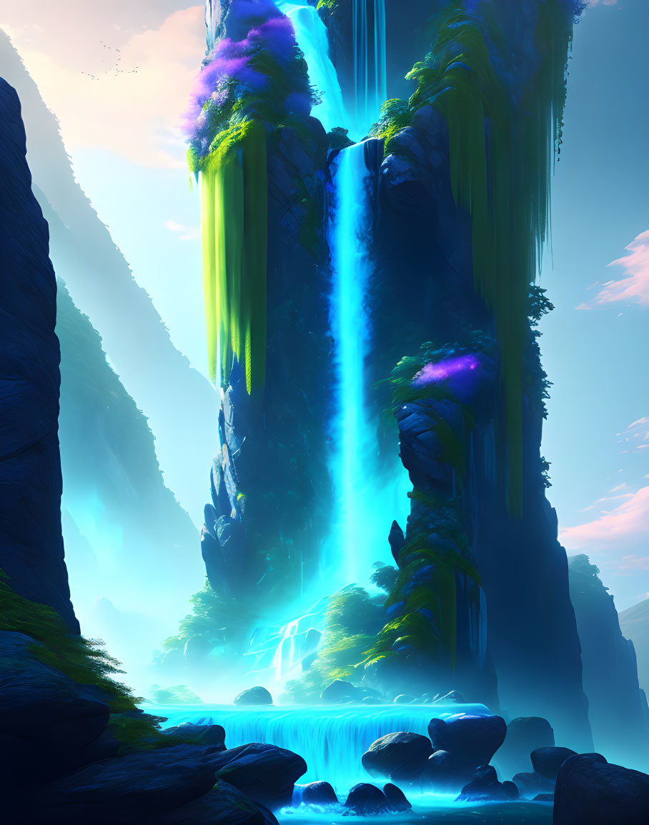 Mystical Waterfall with Vibrant Blue Water and Lush Greenery