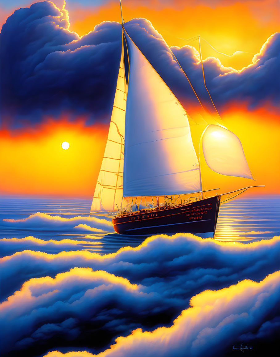 Sailboat on serene ocean at sunset with vibrant orange hues