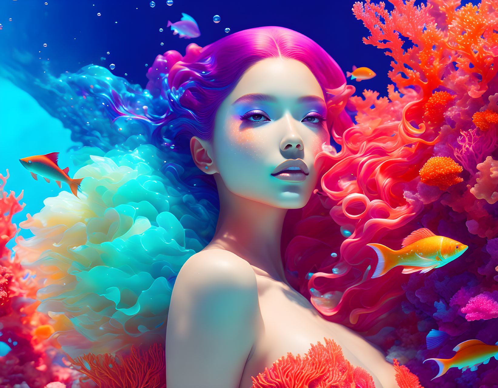 Colorful underwater digital artwork of a woman with pink hair surrounded by coral and fish