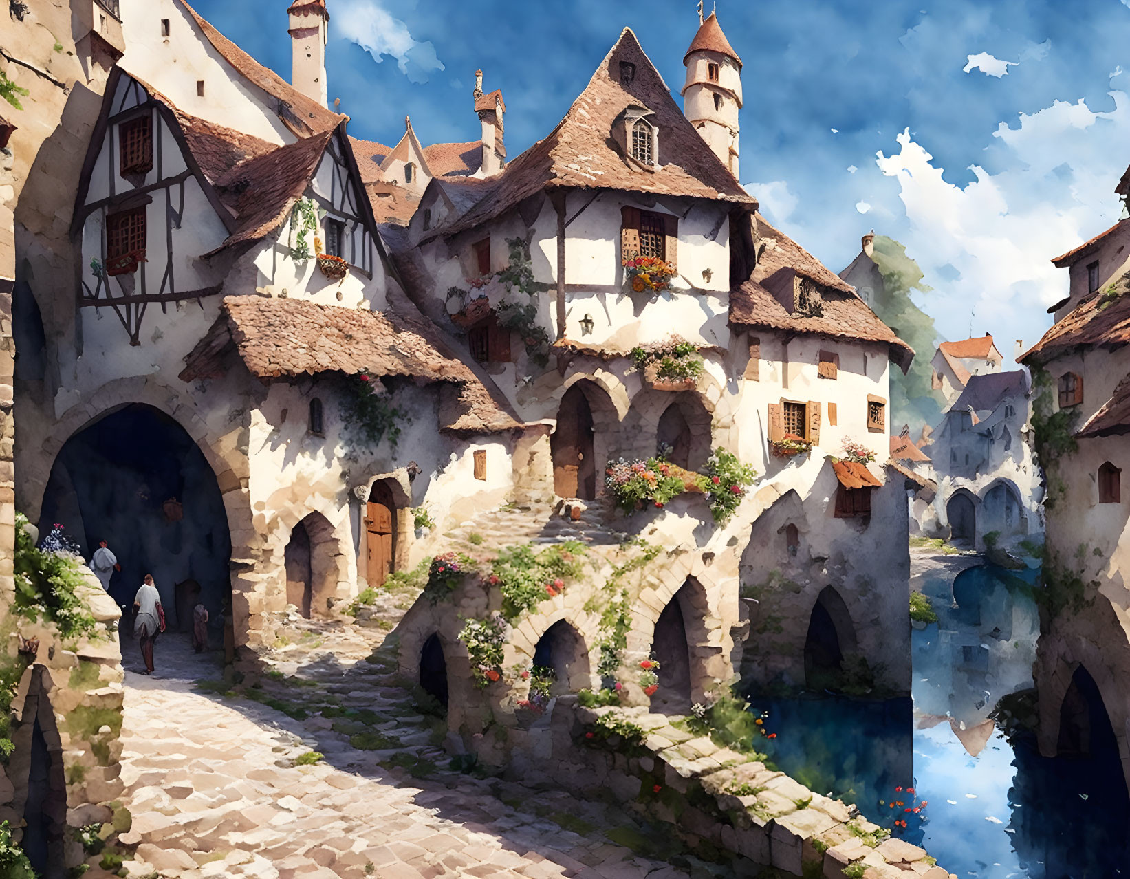 Medieval village with stone houses, arched bridge, river, and sunny skies