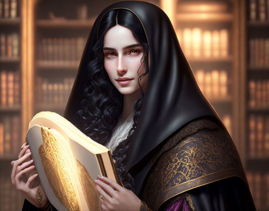 Dark-haired woman in black veil holding ornate book in library setting