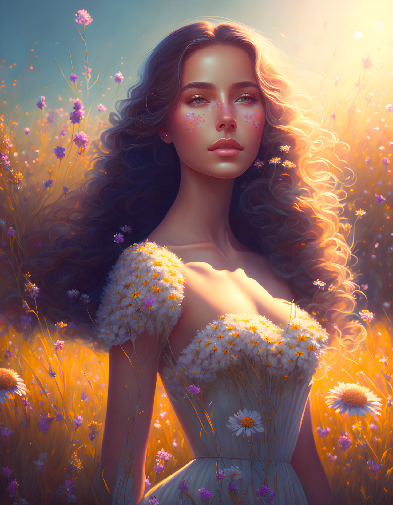 Digital artwork: Woman with flowing hair in flower field under warm sunlight