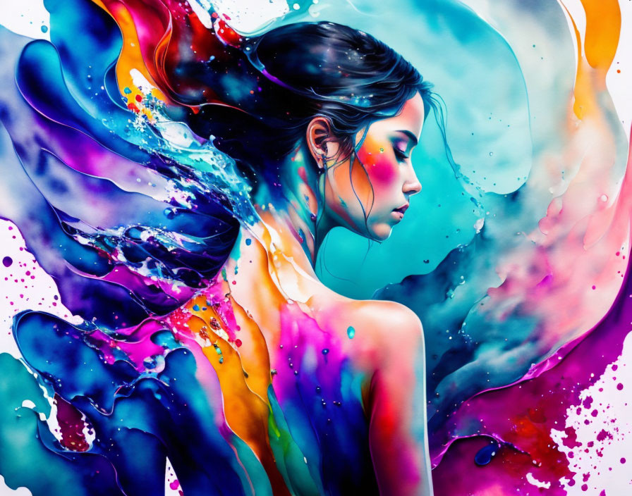 Colorful digital artwork: Woman's side profile with abstract blue, violet, and pink swirls