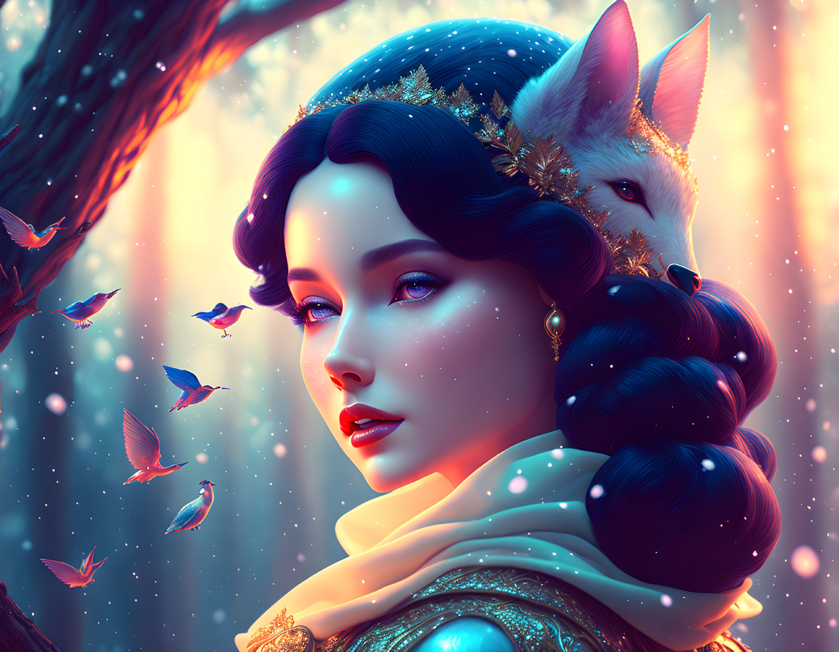 Fantasy digital artwork: Woman with elaborate gold-adorned hairstyle, mystical fox, and birds in