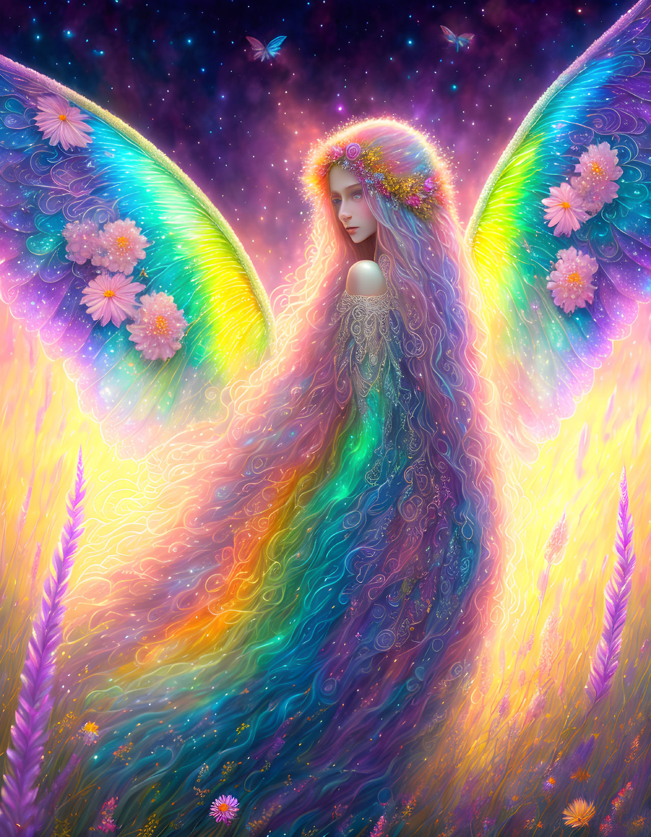 Colorful Winged Figure with Flower Adornments in Ethereal Setting