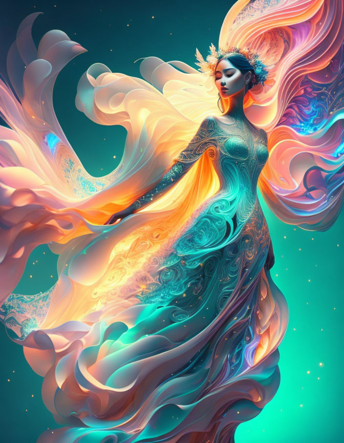 Colorful flowing robes on woman against teal background