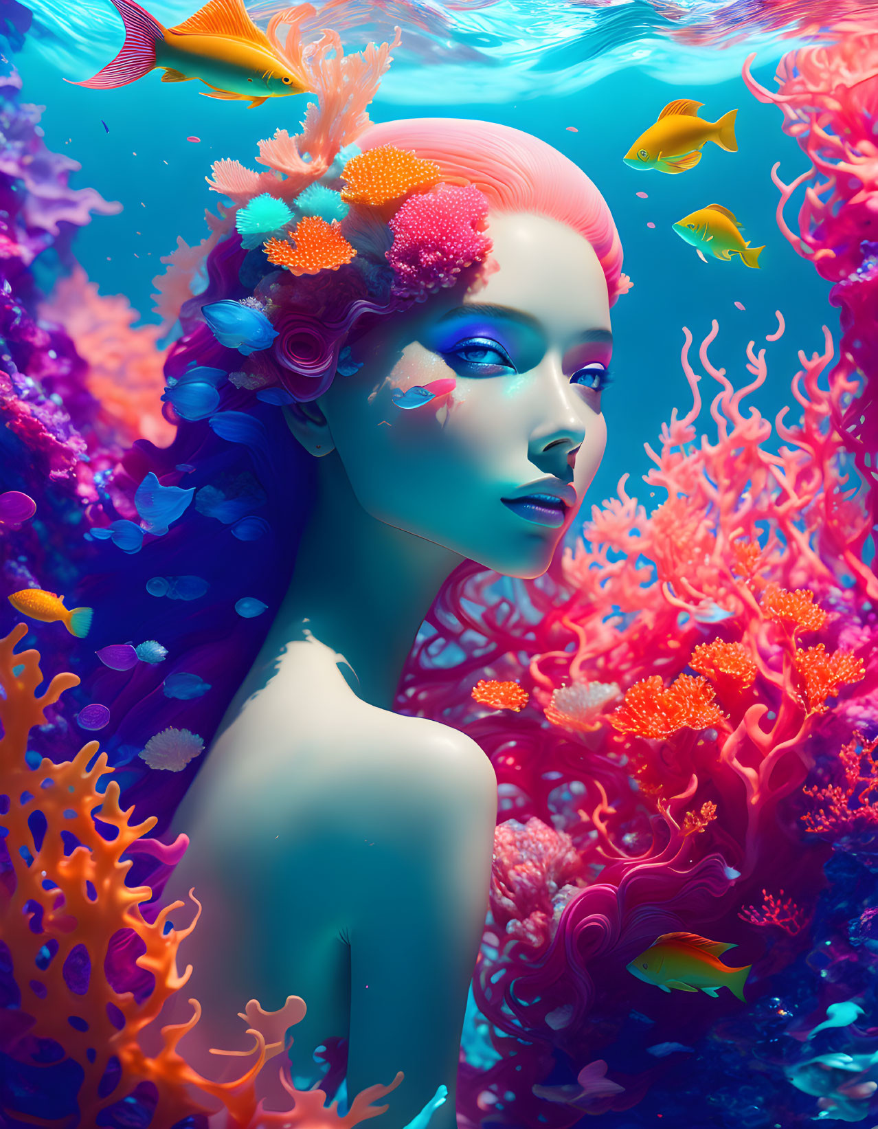 Surreal portrait of woman with aquatic elements in vibrant coral setting