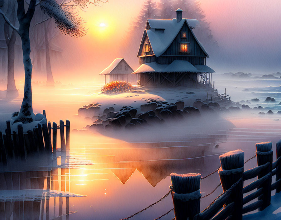 Tranquil winter landscape with cozy cottage by icy lake