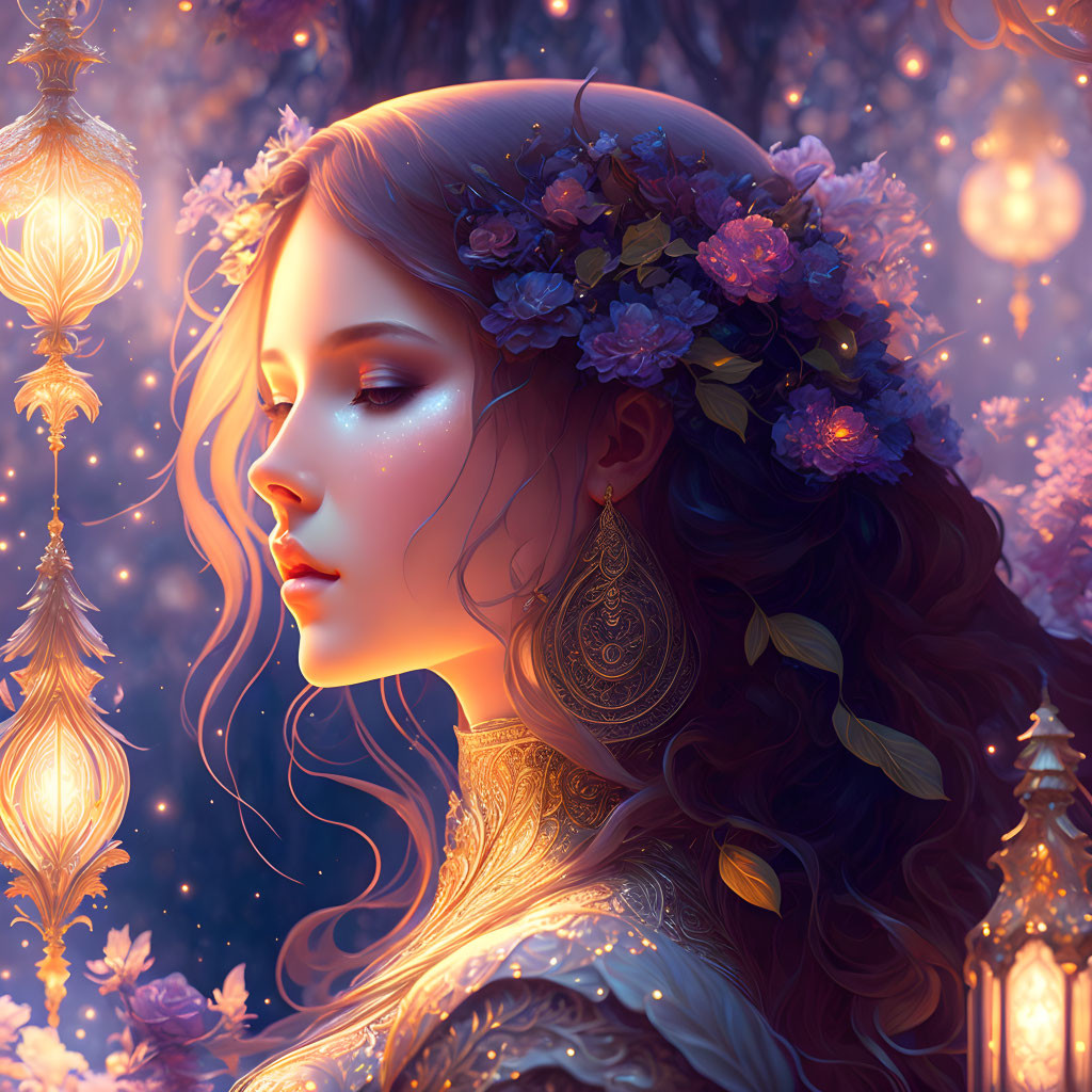 Woman with floral crown and braided hair in luminous lanterns and petals scene