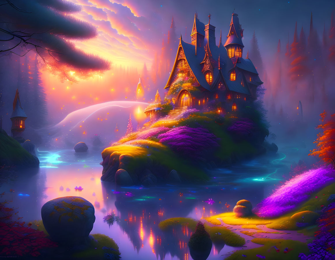 Whimsical castle in vibrant fantasy landscape